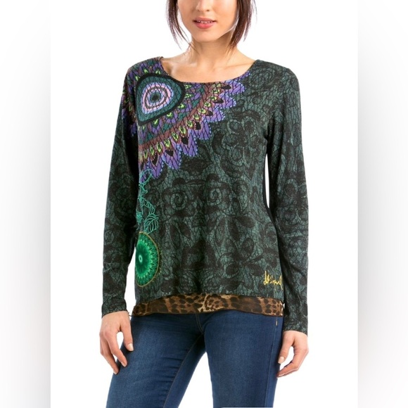 Desigual Artsy Mixed Media Animal Print Long Sleeve Layered Blouse Size M - Picture 1 of 11